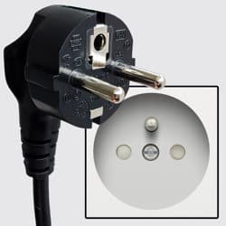 Type E electrical plug with 2 rounded prongs and a third rounded hole