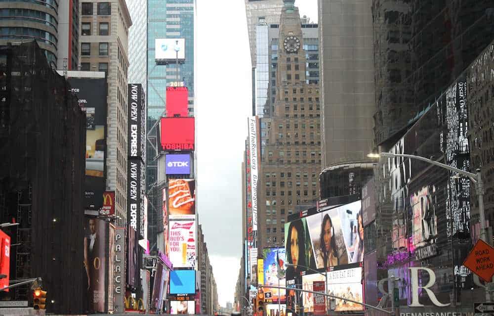 New York City times square viewpoint with multiple tv screens
