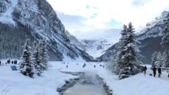 View of creek surrounded by snow, mountains, and pine trees; view of Lake Louise in Winter