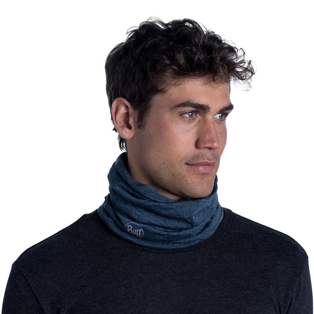 Man with blue grey coloured Buff neckwarmer