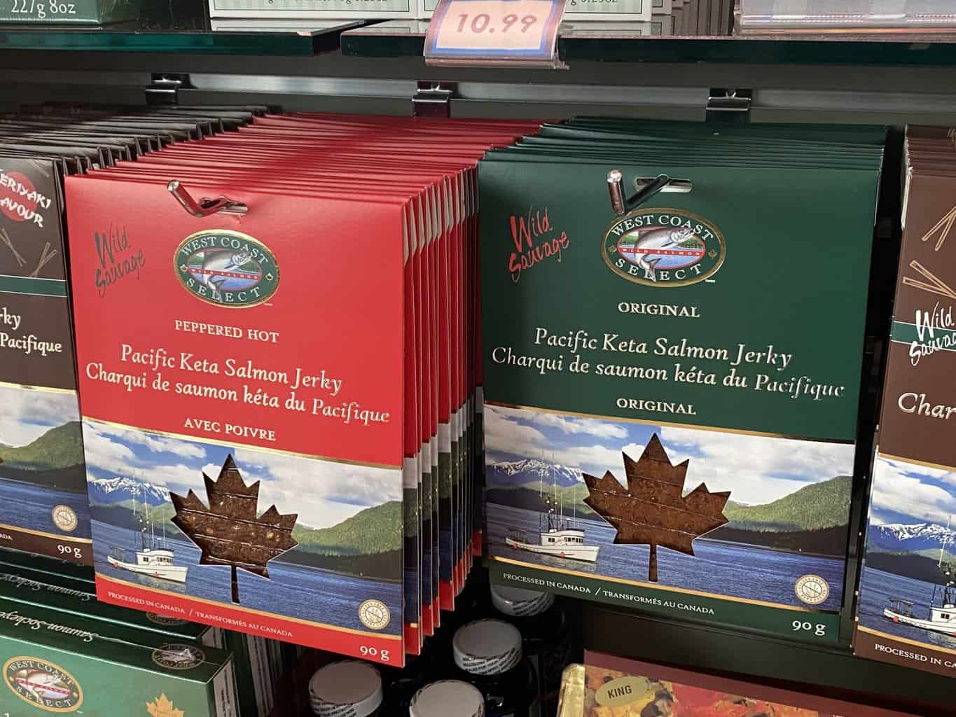 Red and green packages of salmon jerkey