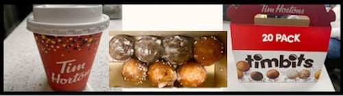 Paper takeout box with 20 pack Tim Horton's Timbits donut holes, and a red paper cup that says Tim Horton's with a white plastic lid