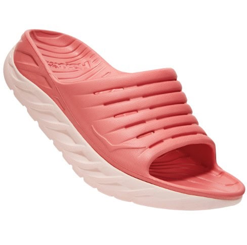 Pink and white woman's Hoka One One Recovery slides