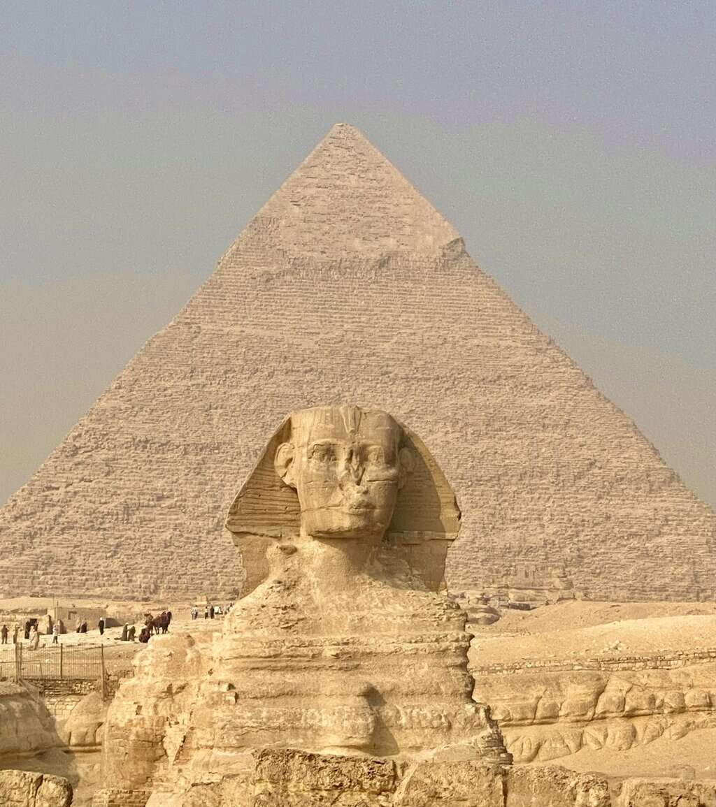 Sphinx in front of a pyramid in Giza Egypt